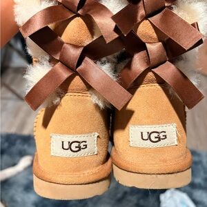 Official UGG Kids Bailey Bow Tan Boots with Ribbon and Fur like new